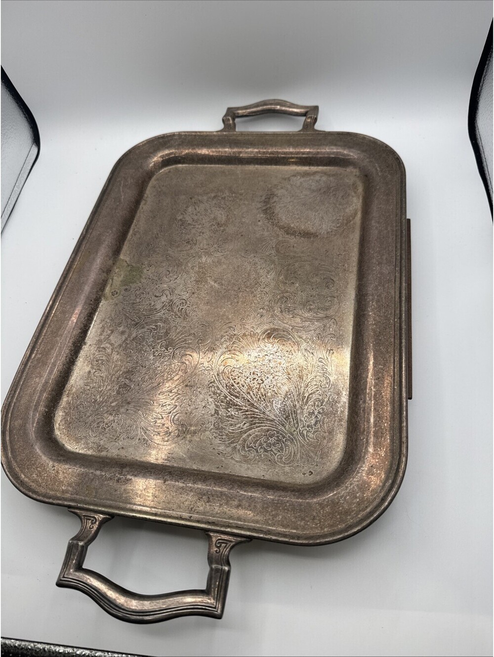 Vintage - 22.5 Silver Plated on Copper Ornate Etched Serving Platter W/Handles